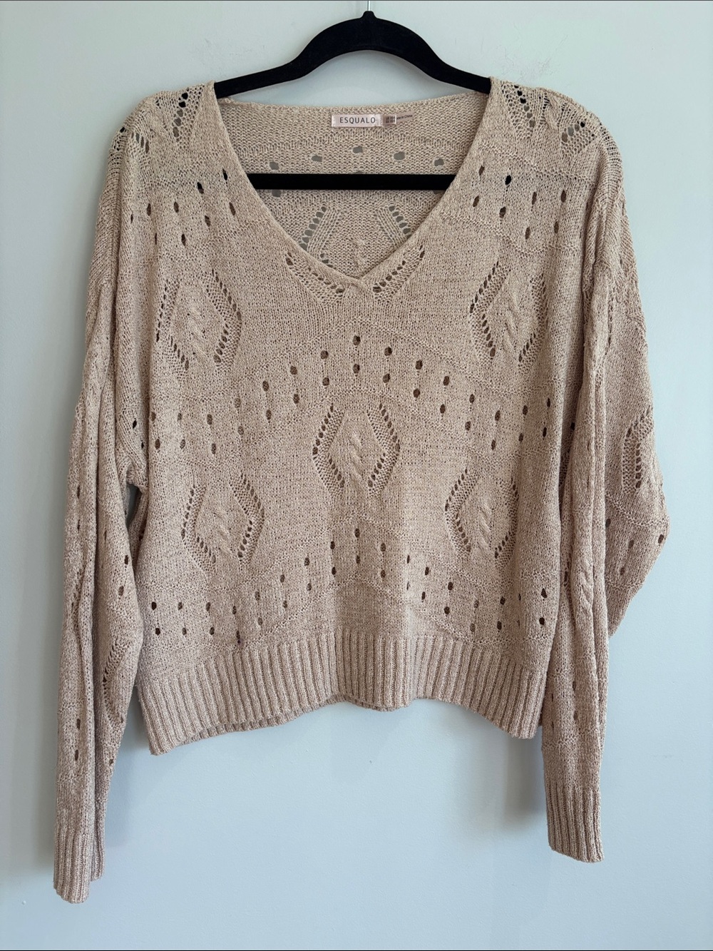 ESQUALO Beige Open Knit Crochet V-Neck Boho Sweater